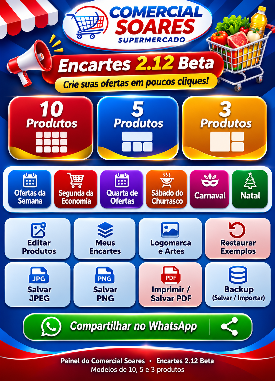 Painel Comercial Soares 2.13 Beta, azul e vermelho, com modelos, campanhas e ferramentas